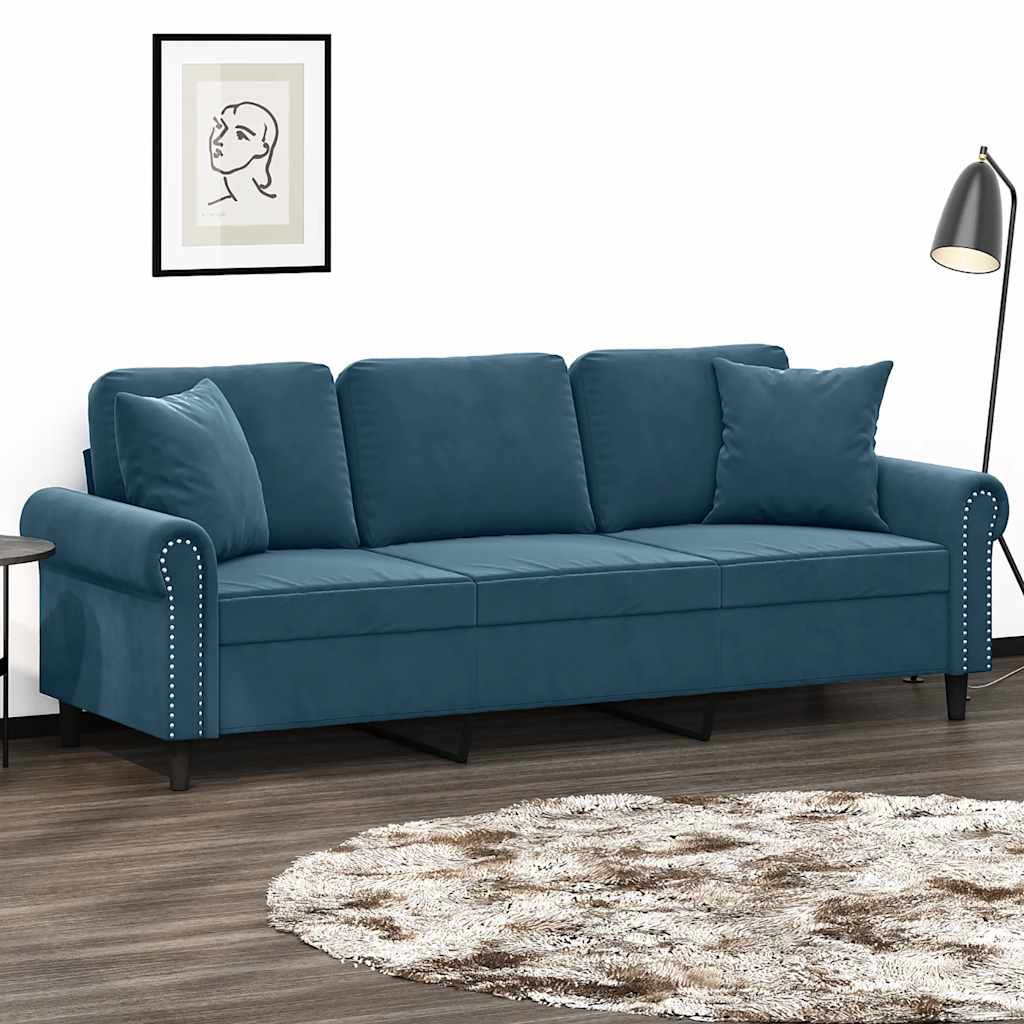 vidaXL 3-Sitzer-Sofa mit Zierkissen Blau 180 cm Samt