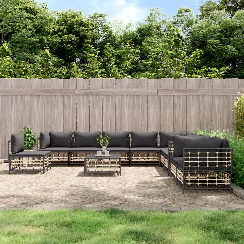 vidaXL 11-tlg. Garten-Lounge-Set mit Kissen Anthrazit Poly Rattan