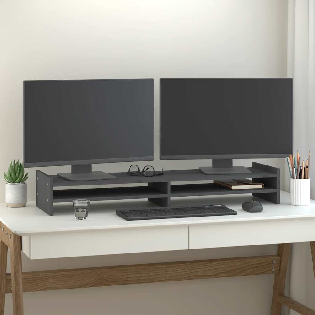 vidaXL Monitorständer Grau 100x27x15 cm Massivholz Kiefer