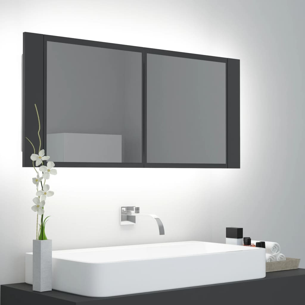 vidaXL LED-Bad-Spiegelschrank Grau 100x12x45 cm Acryl