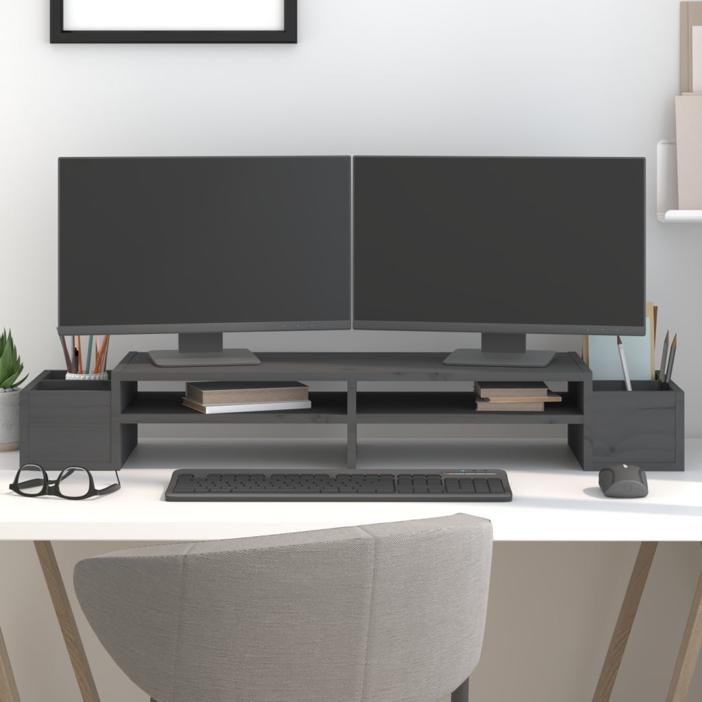 vidaXL Monitorständer Grau 100x27,5x15 cm Massivholz Kiefer