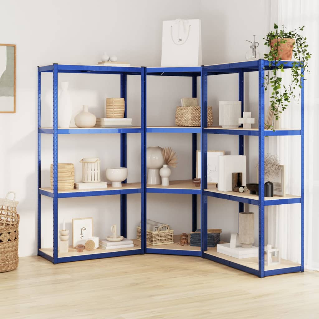 vidaXL Regale mit 4 Böden 3 Stk. Blau Stahl & Holzwerkstoff