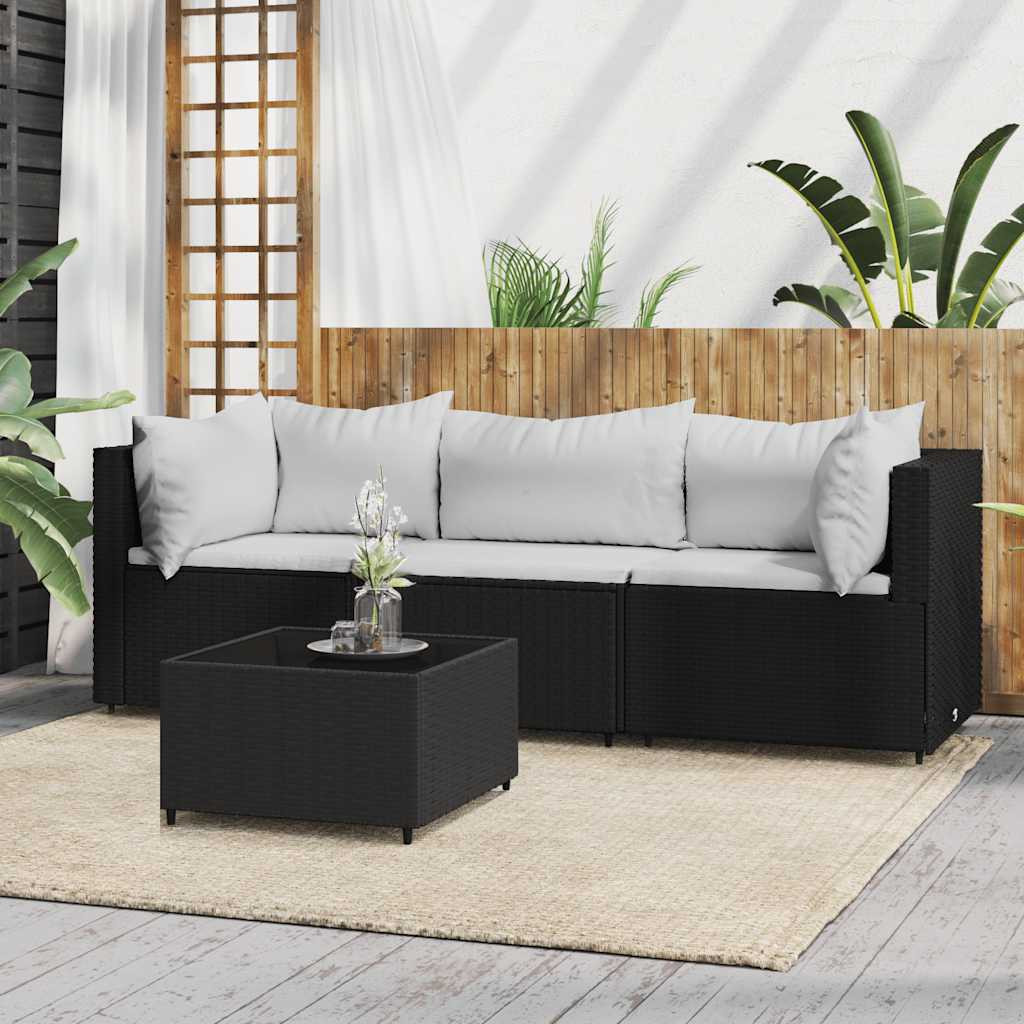 vidaXL 4-tlg. Garten-Lounge-Set mit Kissen Schwarz Poly Rattan