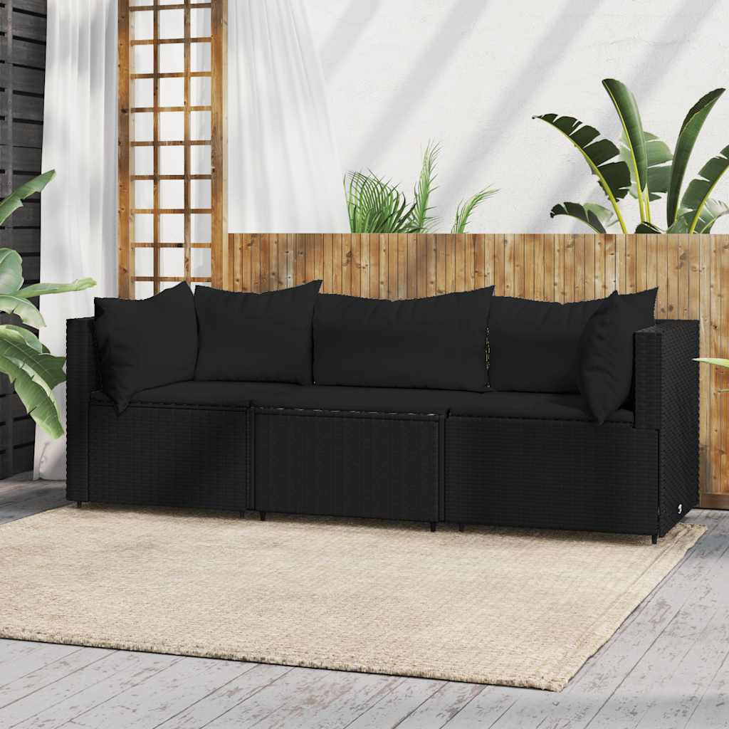 vidaXL 3-tlg. Garten-Lounge-Set mit Kissen Schwarz Poly Rattan