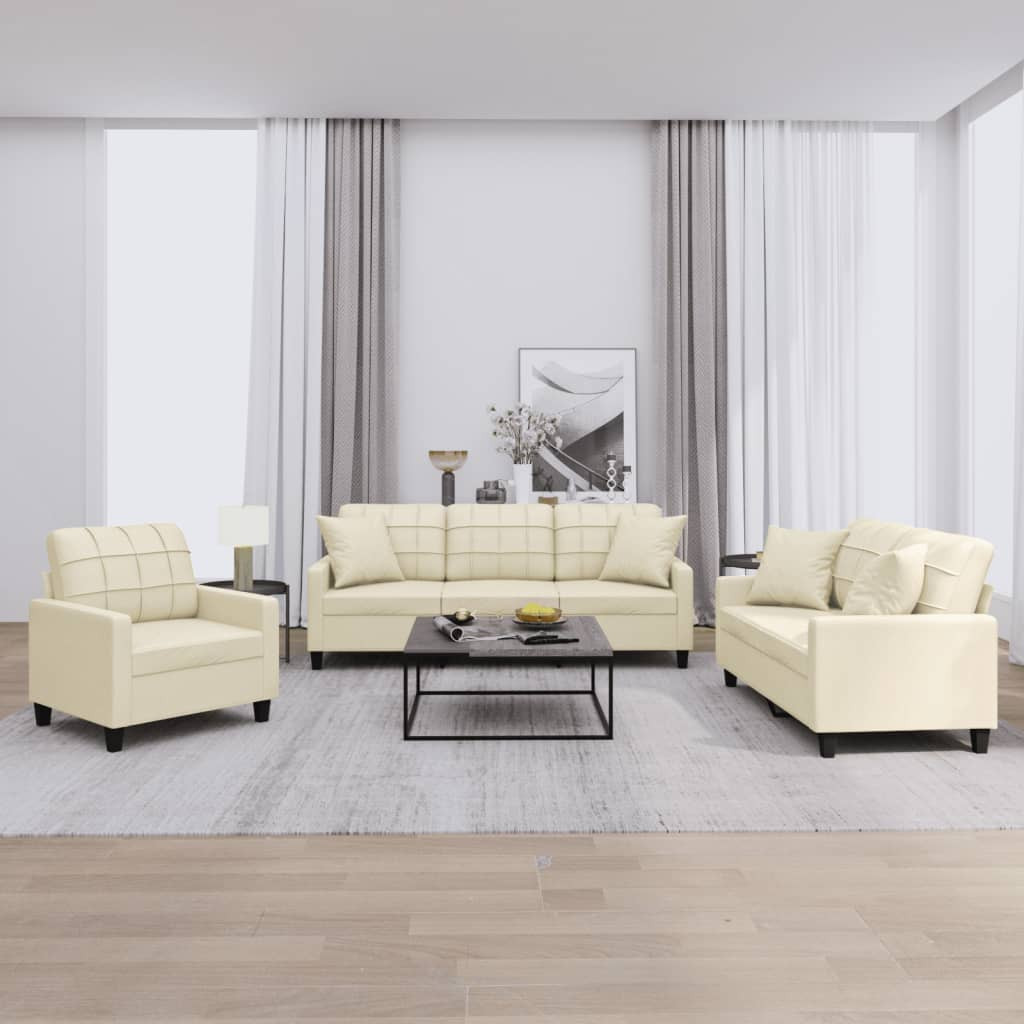 vidaXL 3-tlg. Sofagarnitur mit Kissen Creme Kunstleder