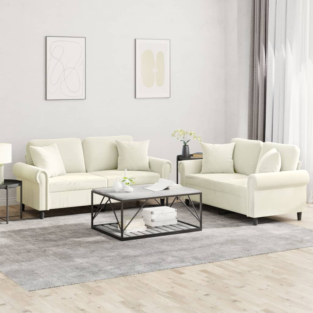 vidaXL 2-tlg. Sofagarnitur mit Kissen Creme Samt