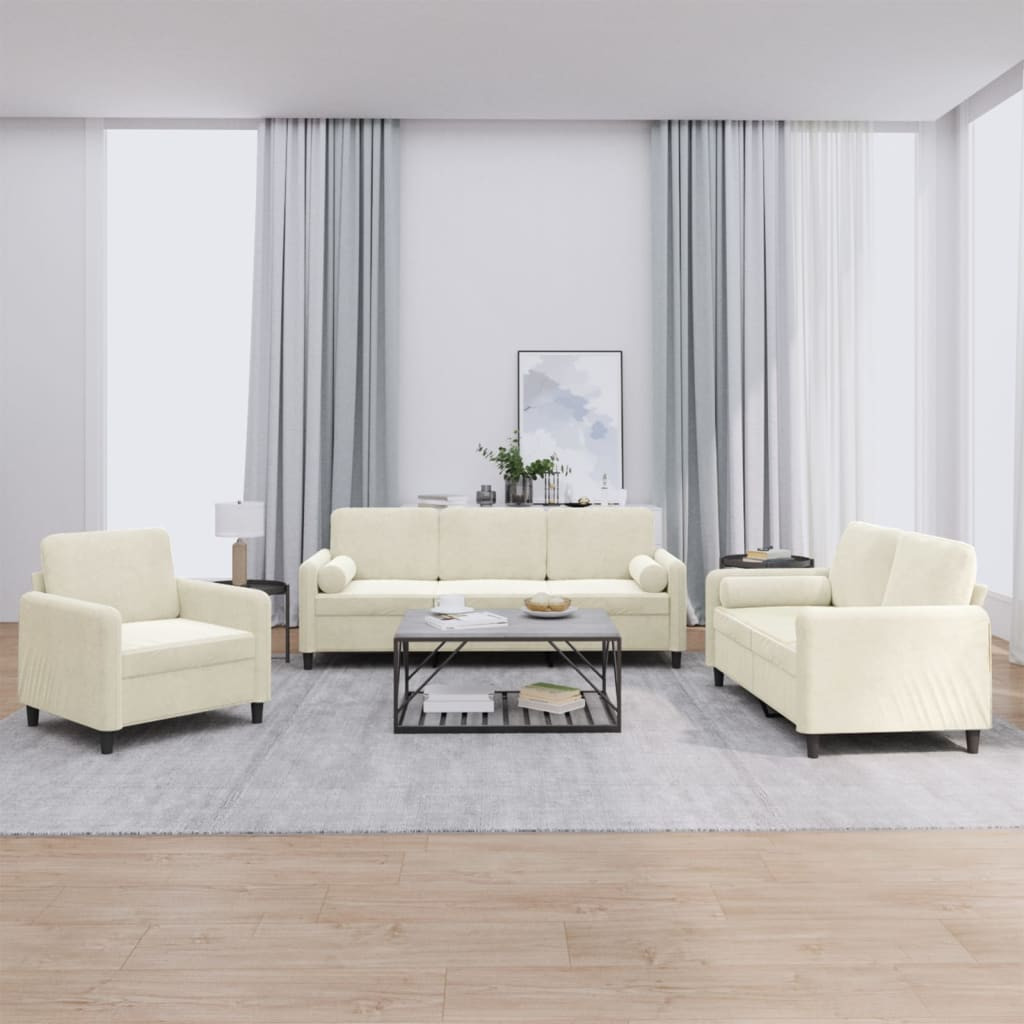 vidaXL 3-tlg. Sofagarnitur mit Kissen Creme Samt