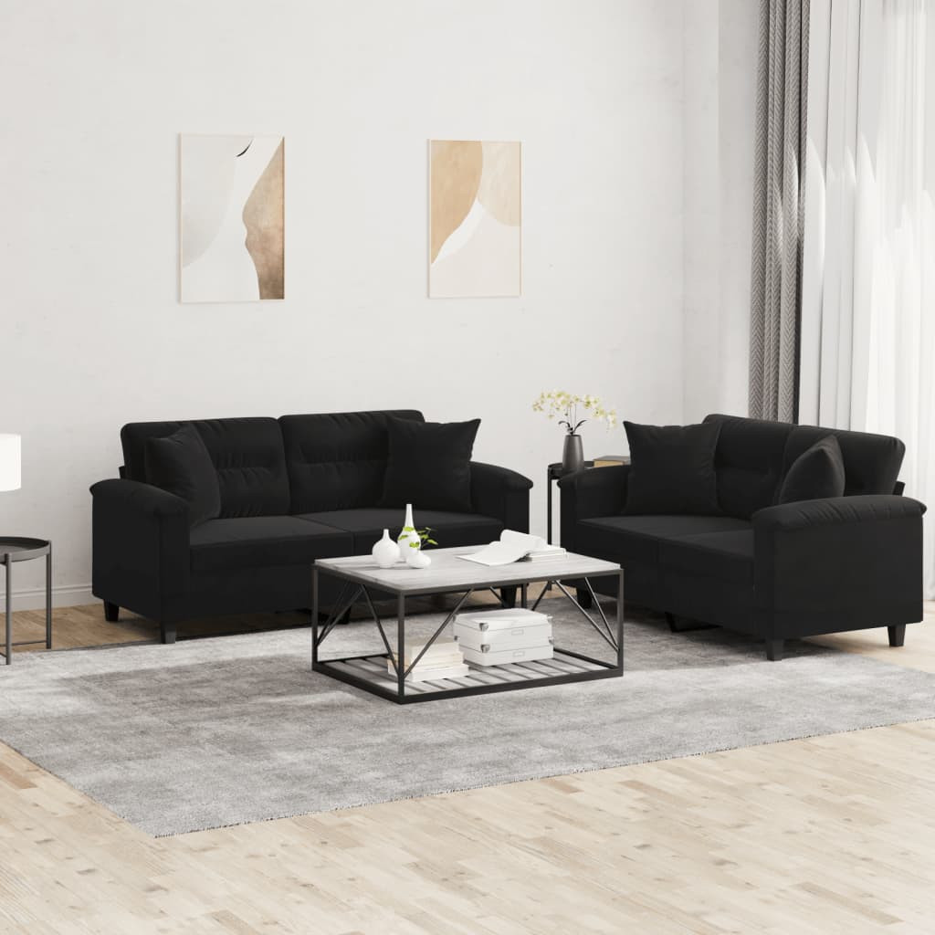 vidaXL 2-tlg. Sofagarnitur mit Kissen Schwarz Mikrofasergewebe