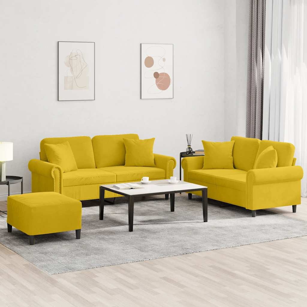 vidaXL 3-tlg. Sofagarnitur mit Kissen Gelb Samt