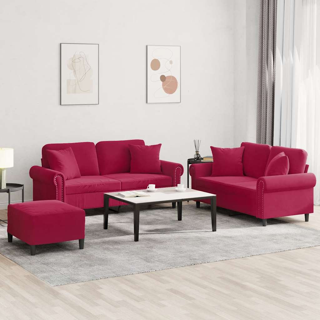 vidaXL 3-tlg. Sofagarnitur mit Kissen Weinrot Samt