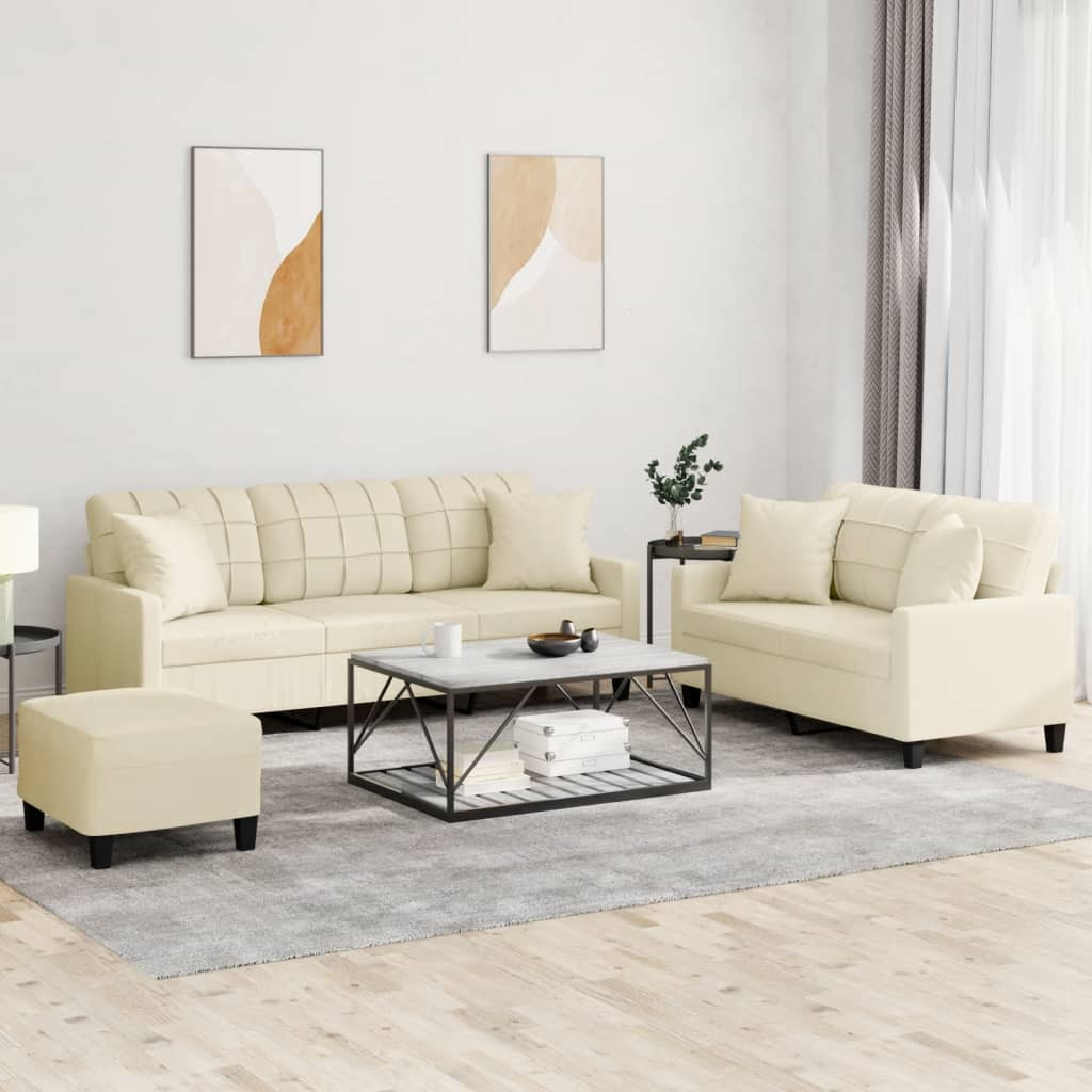 vidaXL 3-tlg. Sofagarnitur mit Kissen Creme Kunstleder