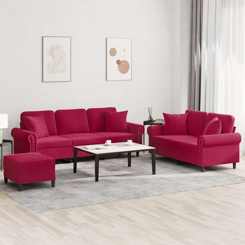 vidaXL 3-tlg. Sofagarnitur mit Kissen Weinrot Samt