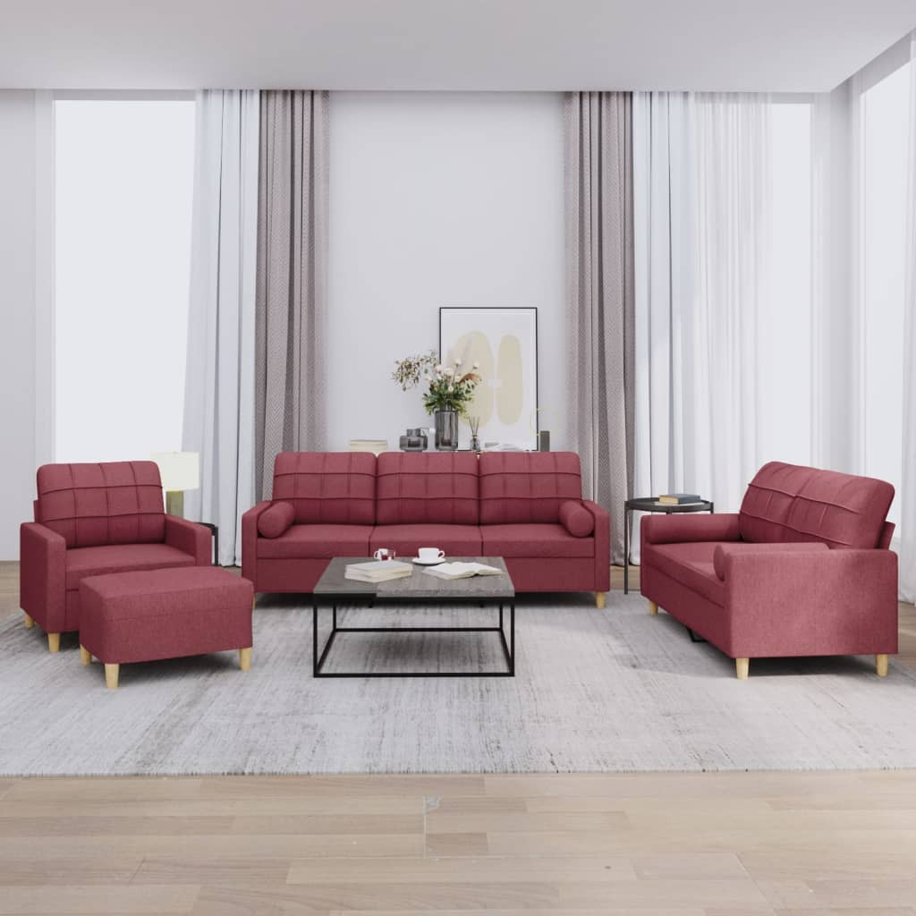 vidaXL 4-tlg. Sofagarnitur mit Kissen Weinrot Stoff