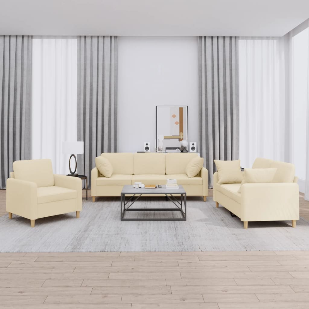 vidaXL 3-tlg. Sofagarnitur mit Kissen Creme Stoff