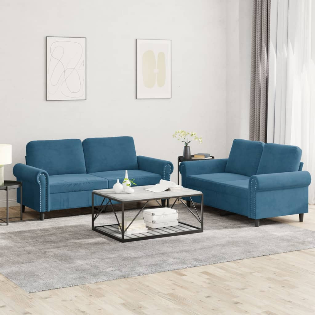 vidaXL 2-tlg. Sofagarnitur mit Kissen Blau Samt