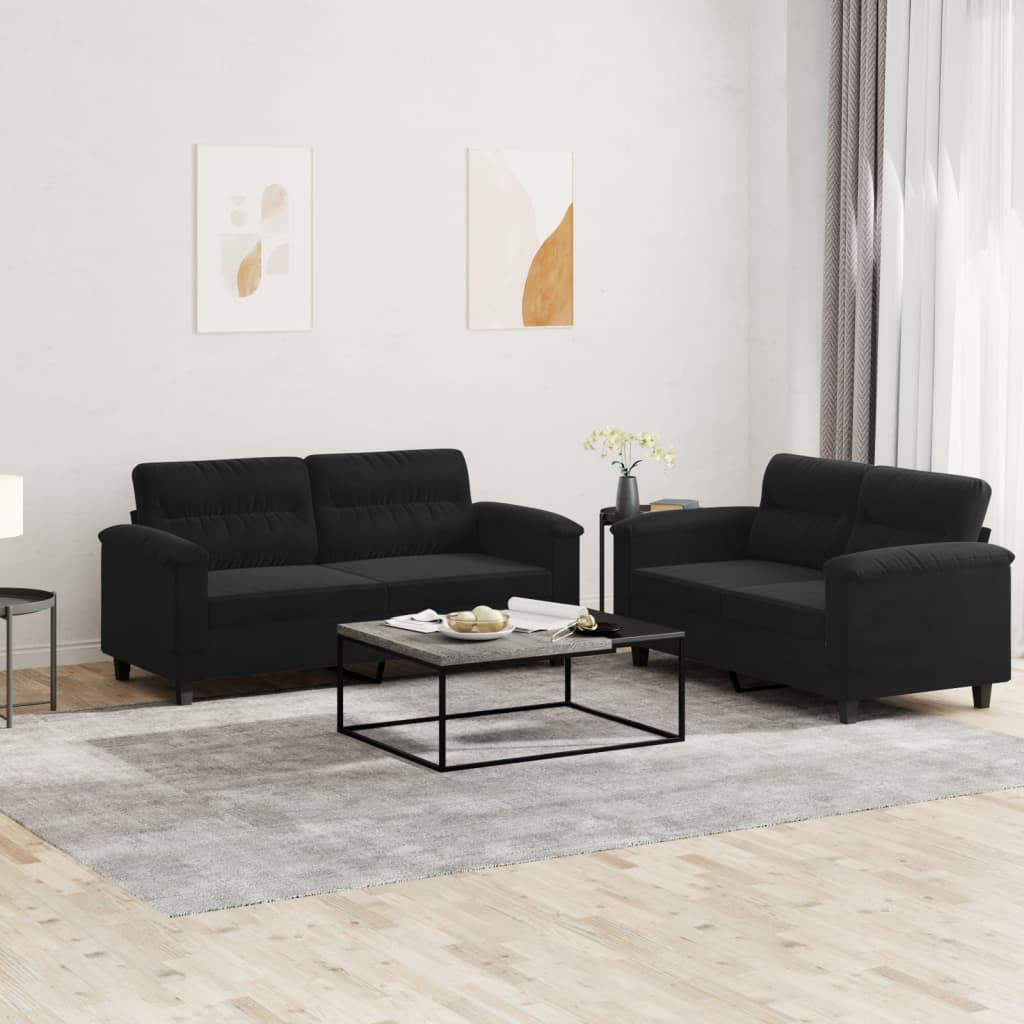 vidaXL 2-tlg. Sofagarnitur mit Kissen Schwarz Mikrofasergewebe