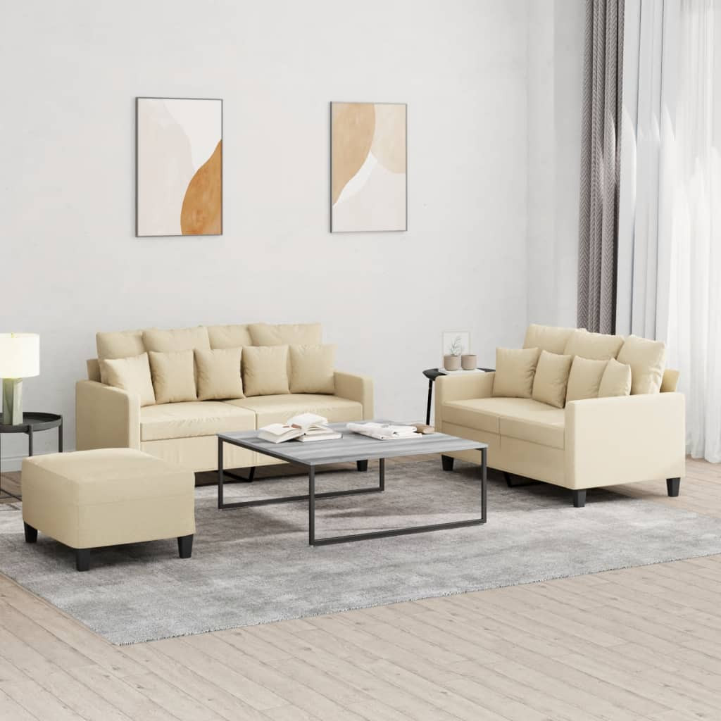 vidaXL 3-tlg. Sofagarnitur mit Kissen Creme Stoff