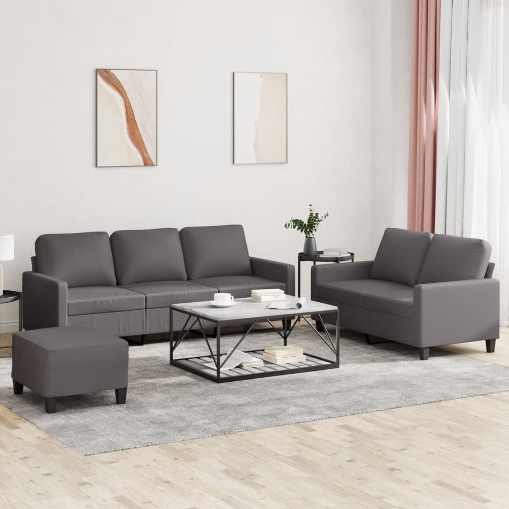 vidaXL 3-tlg. Sofagarnitur mit Kissen Grau Kunstleder