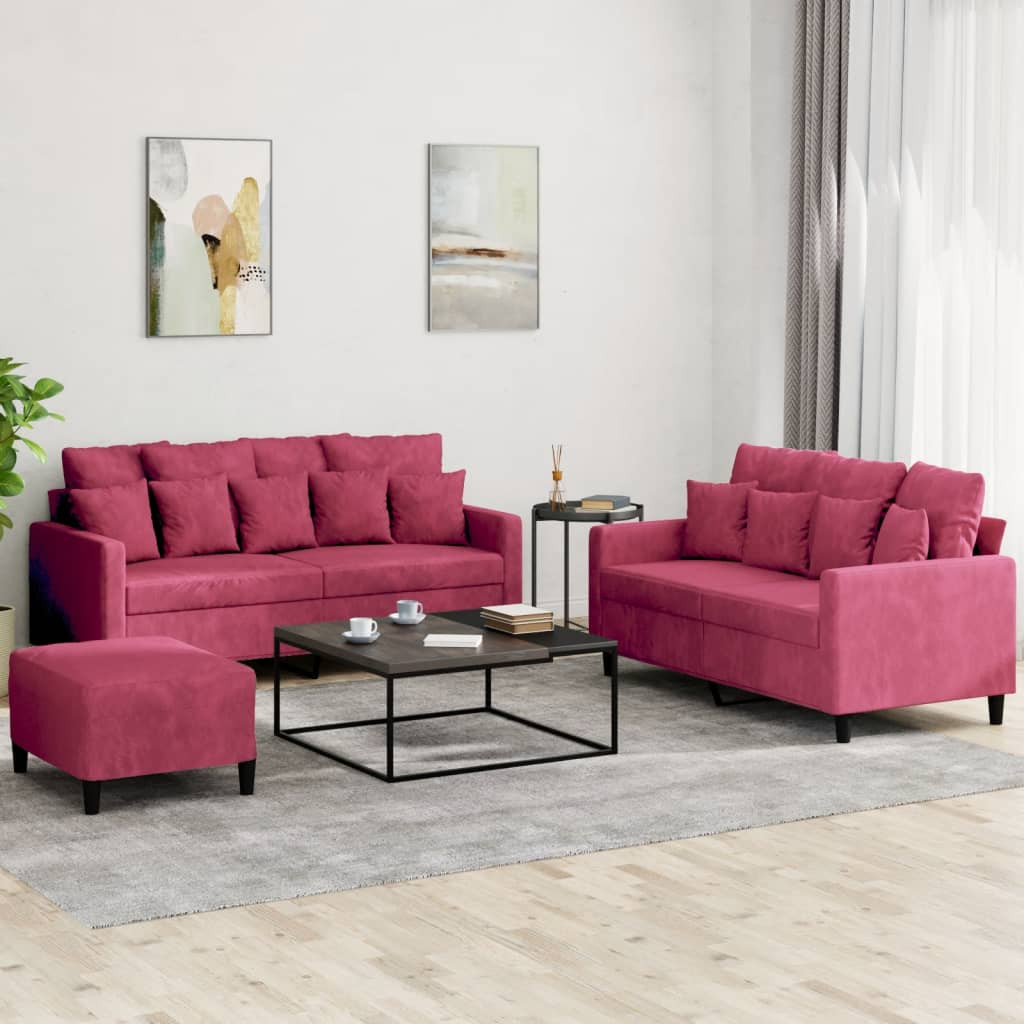 vidaXL 3-tlg. Sofagarnitur mit Kissen Weinrot Samt