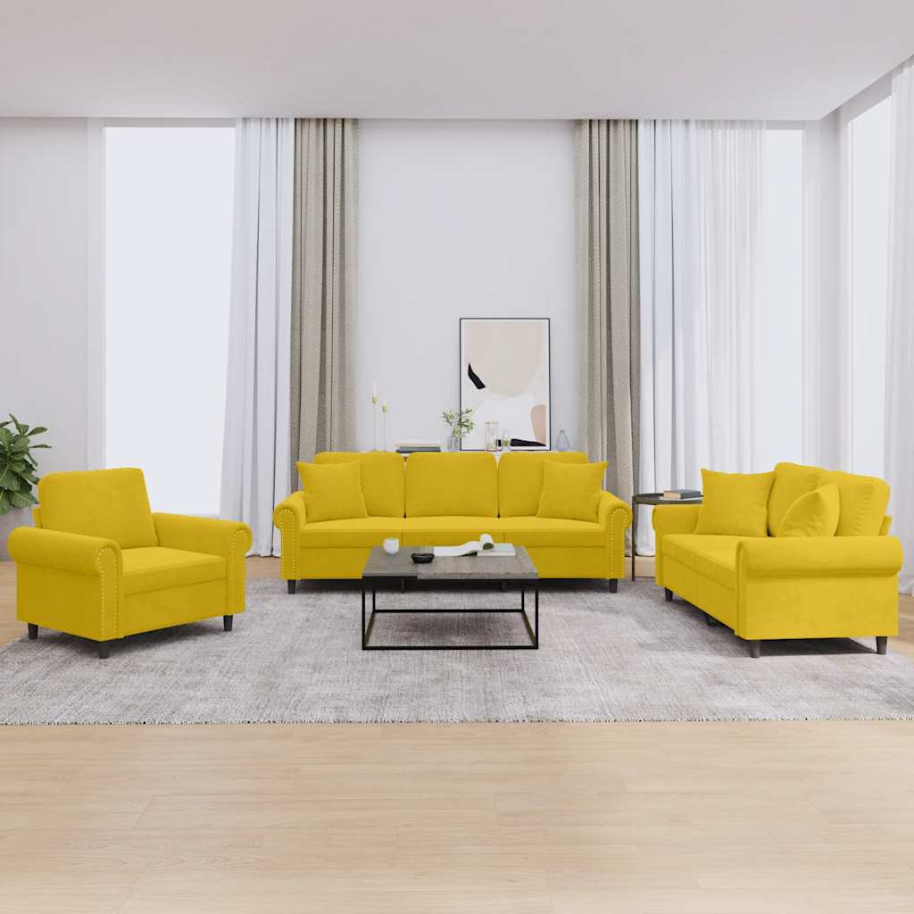 vidaXL 3-tlg. Sofagarnitur mit Kissen Gelb Samt