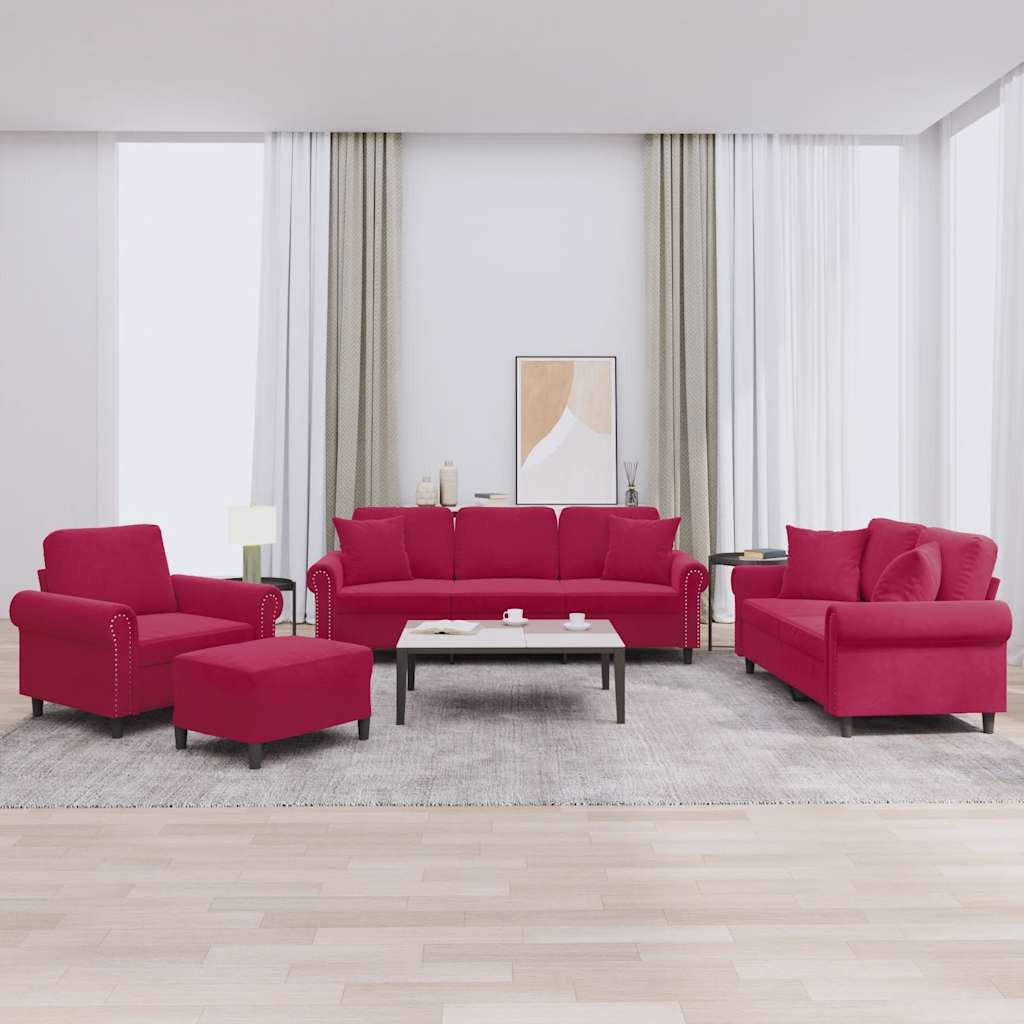 vidaXL 4-tlg. Sofagarnitur mit Kissen Weinrot Samt