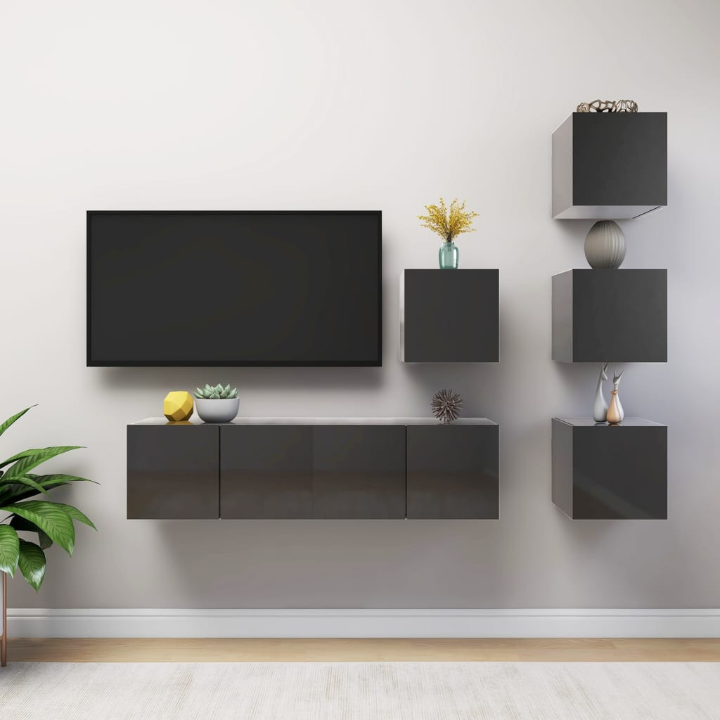 vidaXL 6-tlg. TV-Schrank-Set Hochglanz-Grau Holzwerkstoff
