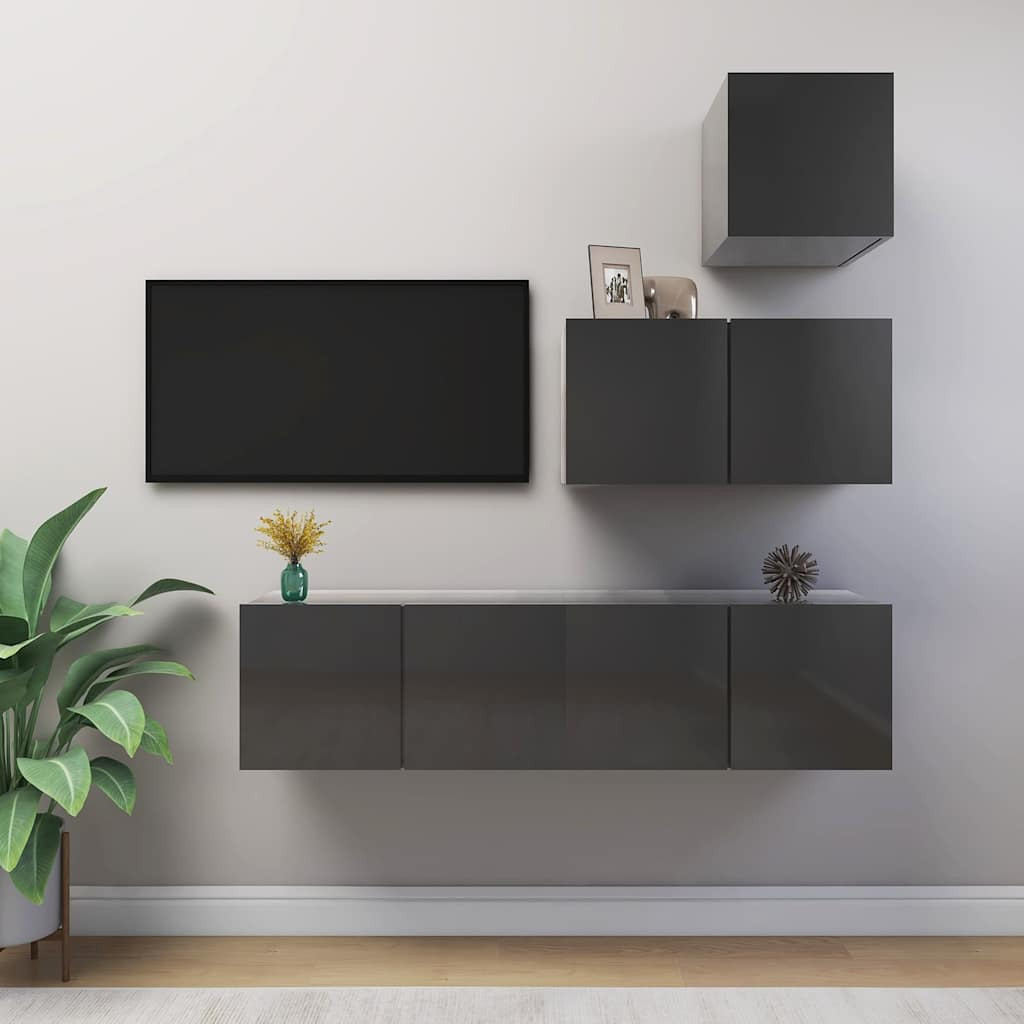 vidaXL 4-tlg. TV-Schrank-Set Hochglanz-Grau Holzwerkstoff