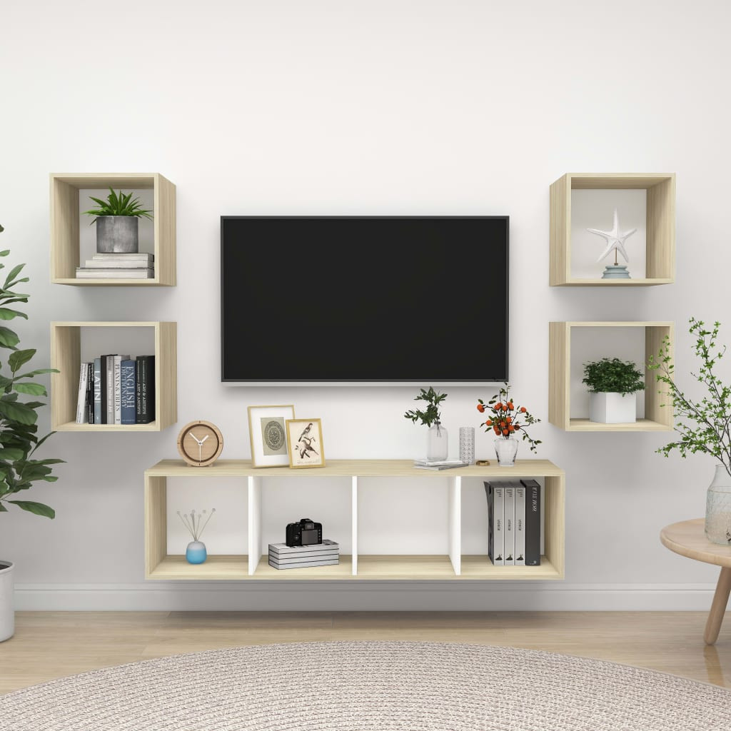 vidaXL 5-tlg. TV-Schrank-Set Weiß Sonoma-Eiche Holzwerkstoff