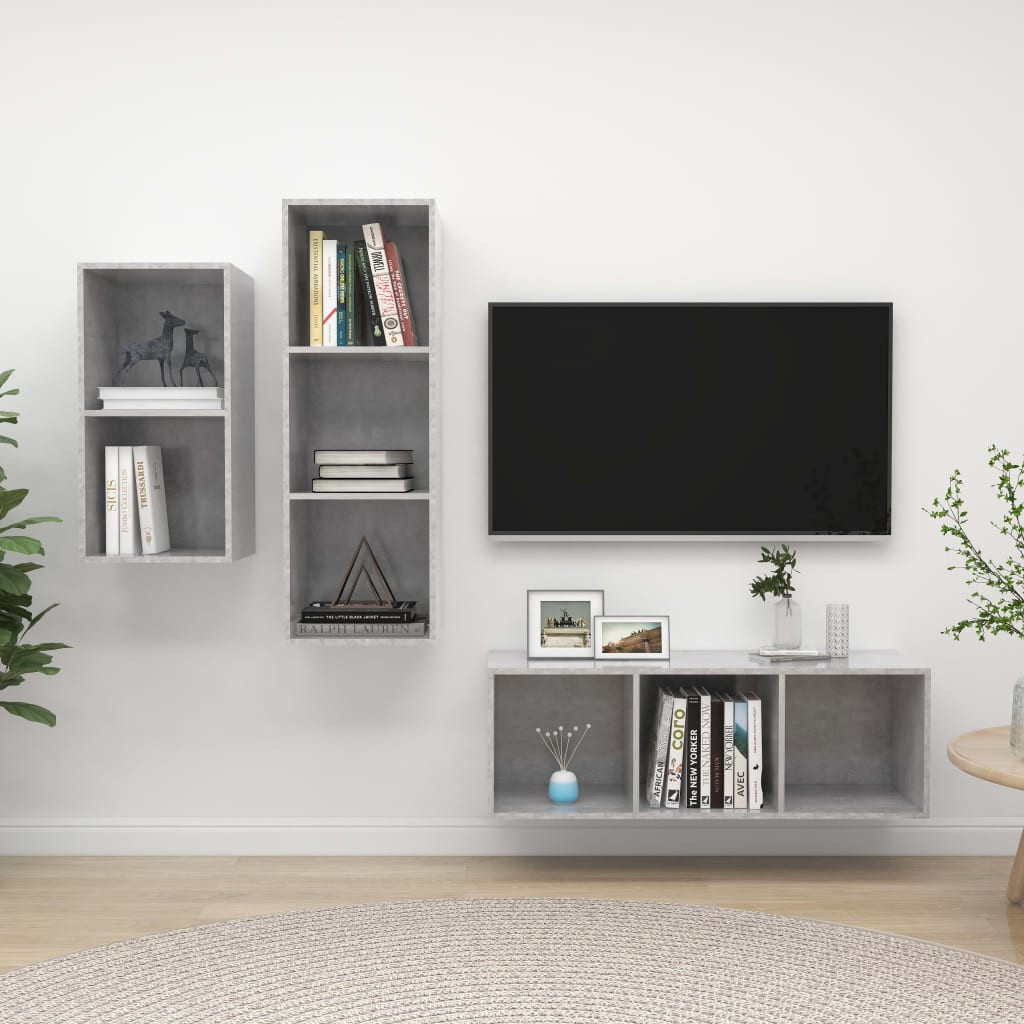vidaXL 3-tlg. TV-Schrank-Set Betongrau Holzwerkstoff