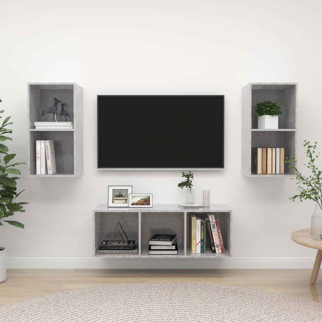 vidaXL 3-tlg. TV-Schrank-Set Betongrau Holzwerkstoff