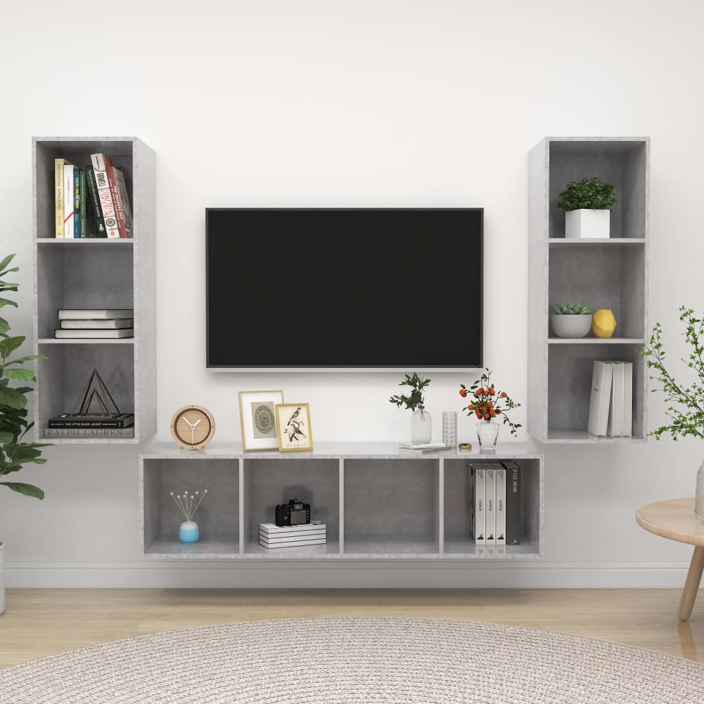 vidaXL 3-tlg. TV-Schrank-Set Betongrau Holzwerkstoff