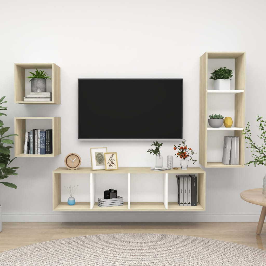vidaXL 4-tlg. TV-Schrank-Set Weiß Sonoma-Eiche Holzwerkstoff