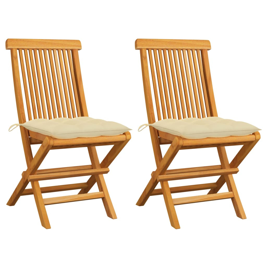 vidaXL Gartenstühle mit Cremeweißen Kissen 2 Stk. Massivholz Teak