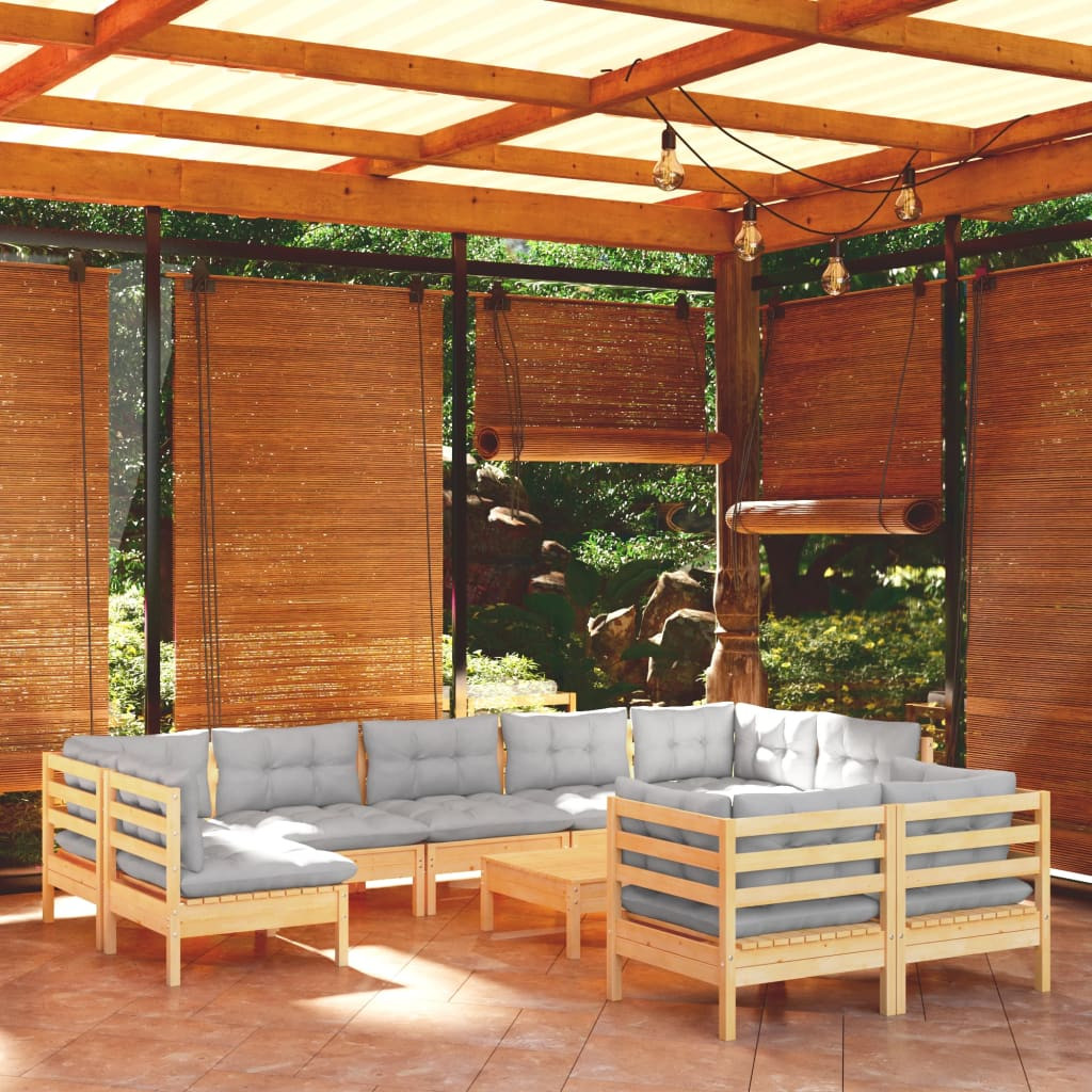 vidaXL 10-tlg. Garten-Lounge-Set mit Grauen Kissen Kiefer Massivholz