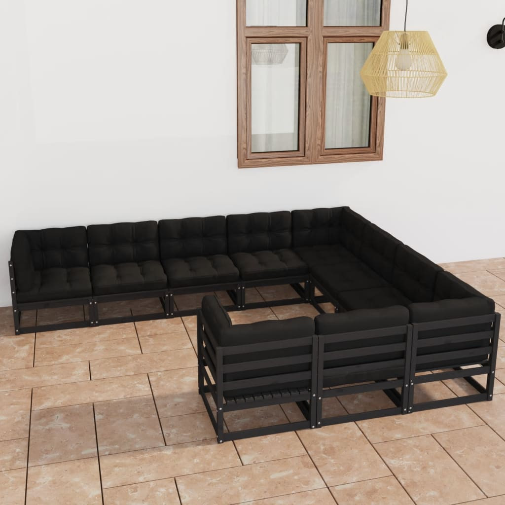 vidaXL 10-tlg. Garten-Lounge-Set mit Kissen Schwarz Massivholz Kiefer