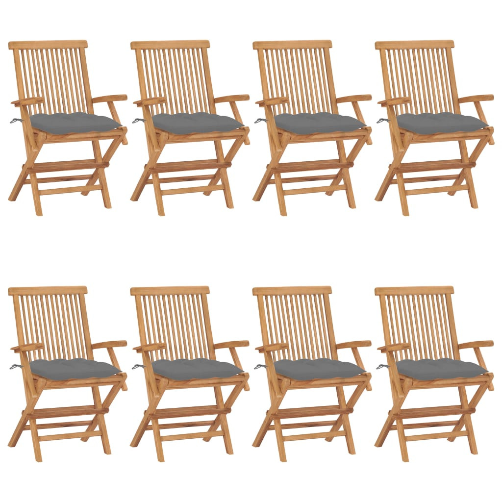 vidaXL Gartenstühle mit Grauen Kissen 8 Stk. Massivholz Teak