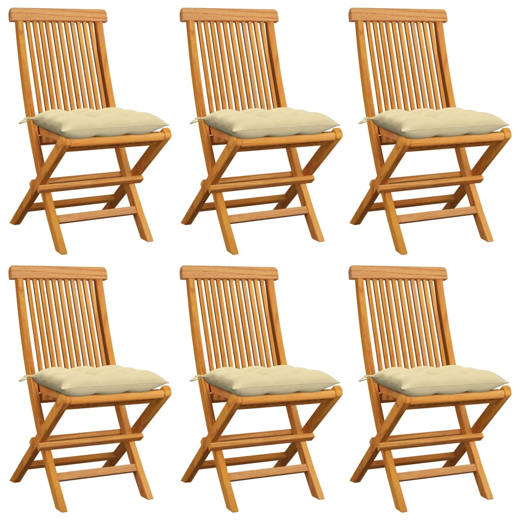 vidaXL Gartenstühle mit Cremeweißen Kissen 6 Stk. Massivholz Teak