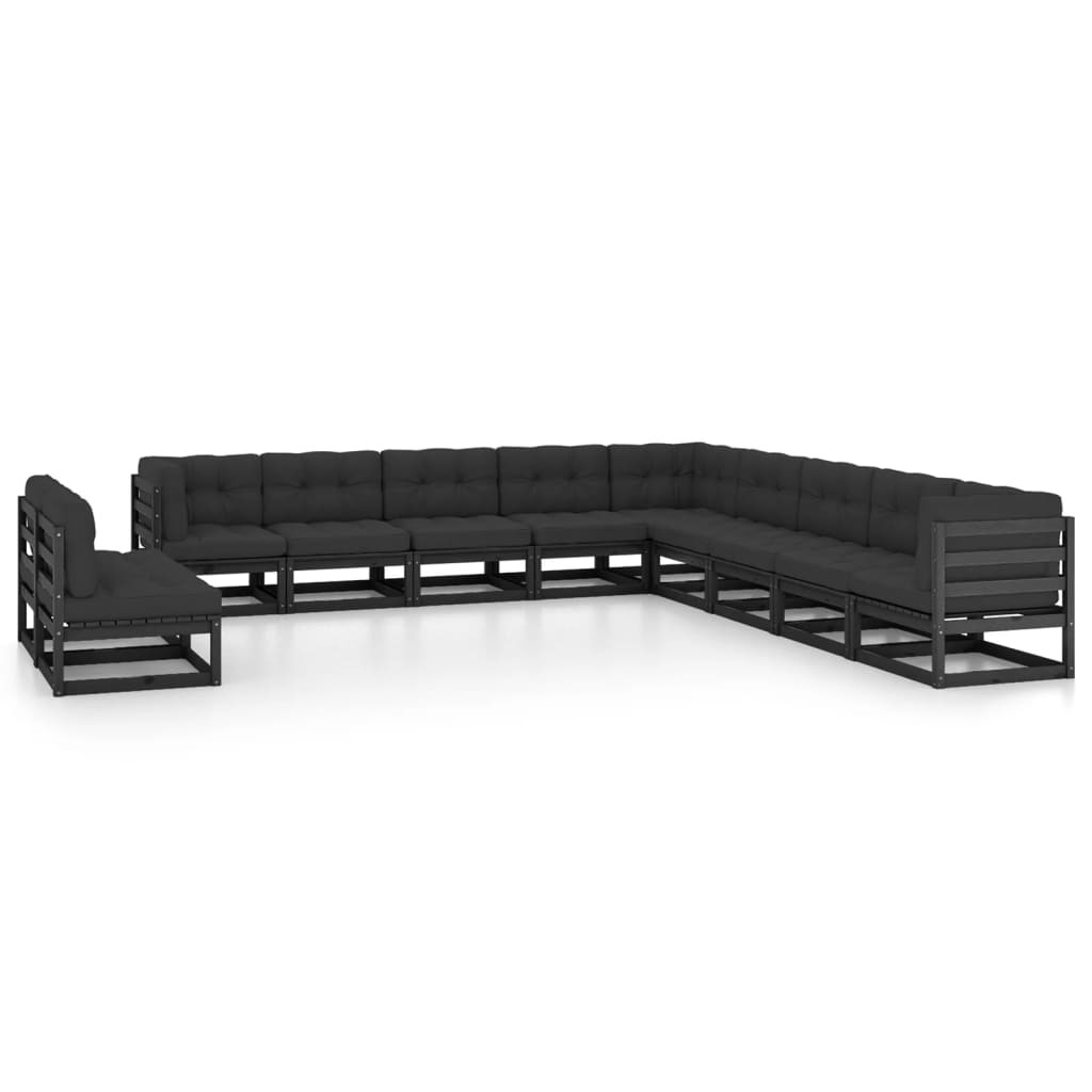 vidaXL 11-tlg. Garten-Lounge-Set mit Kissen Schwarz Kiefer Massivholz