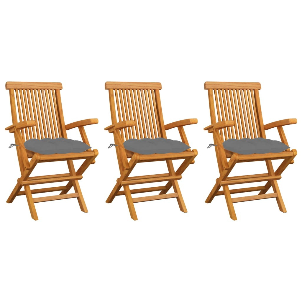 vidaXL Gartenstühle mit Grauen Kissen 3 Stk. Massivholz Teak