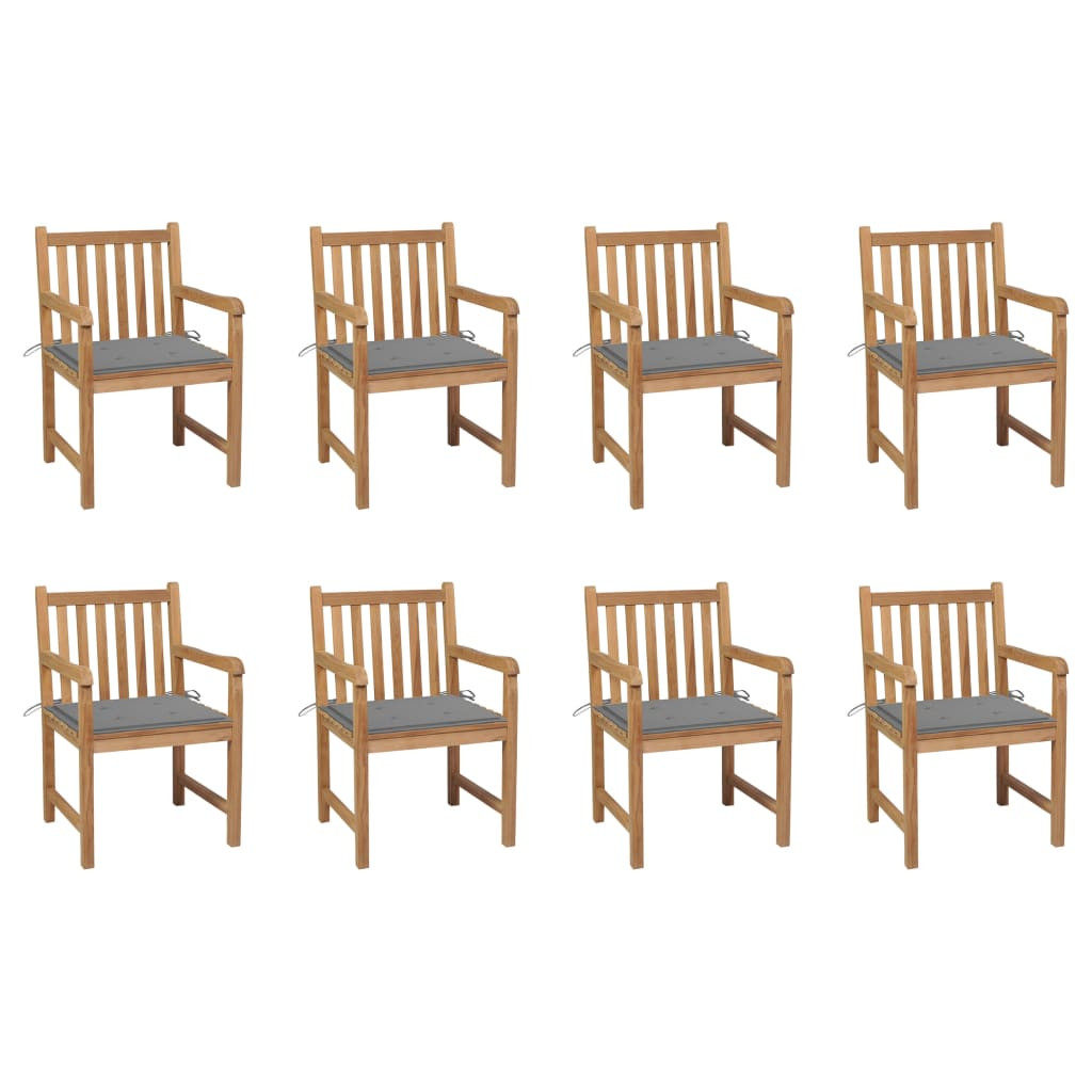 vidaXL Gartenstühle 8 Stk. mit Grauen Kissen Massivholz Teak