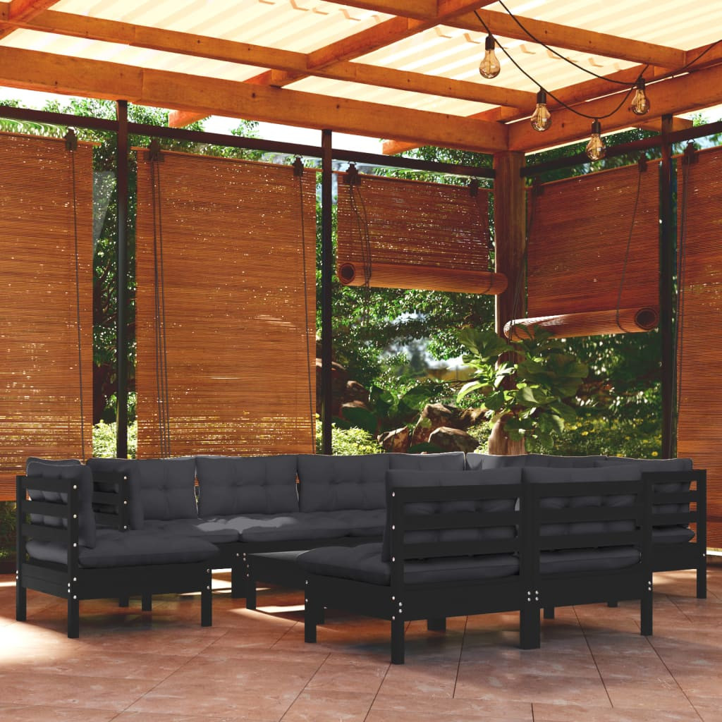 vidaXL 10-tlg. Garten-Lounge-Set mit Kissen Schwarz Massivholz Kiefer