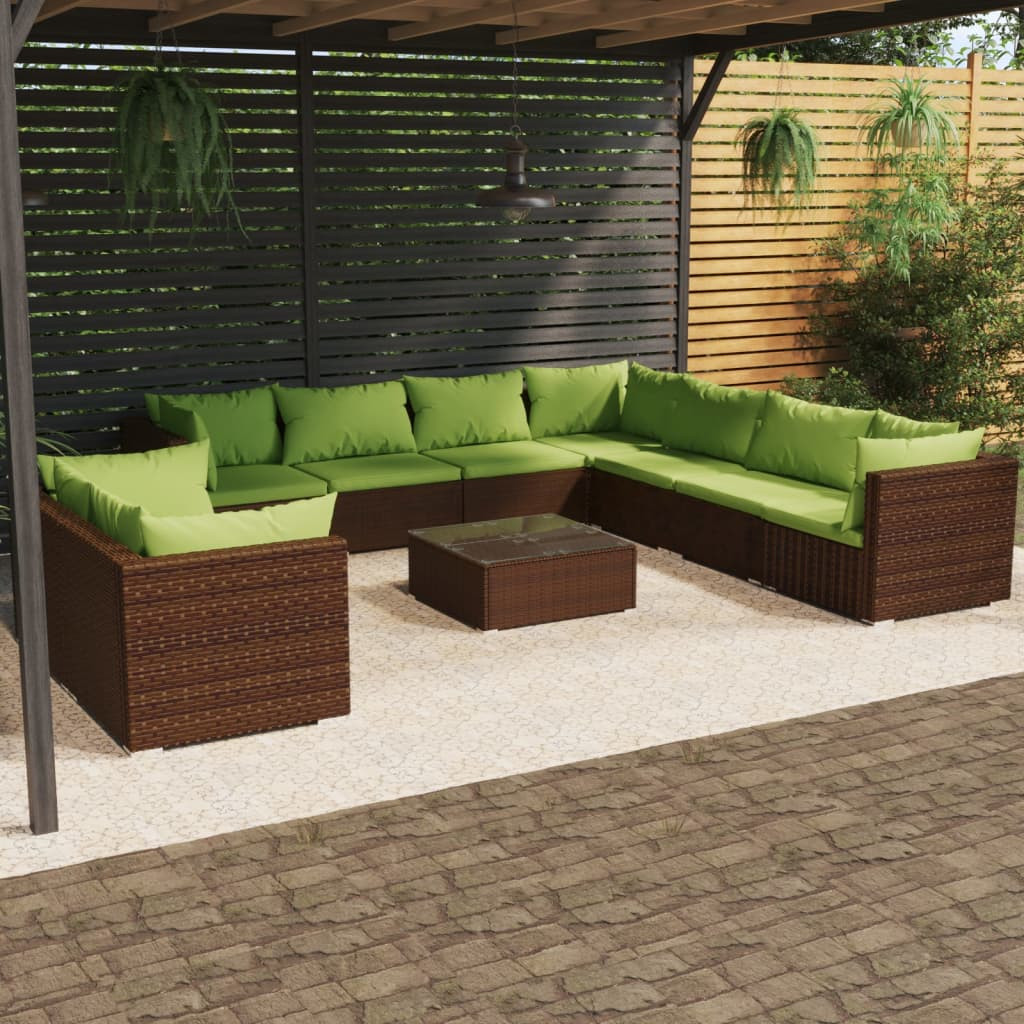 vidaXL 10-tlg. Garten-Lounge-Set mit Kissen Braun Poly Rattan