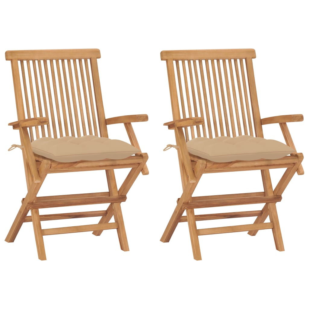 vidaXL Gartenstühle mit Beigen Kissen 2 Stk. Massivholz Teak