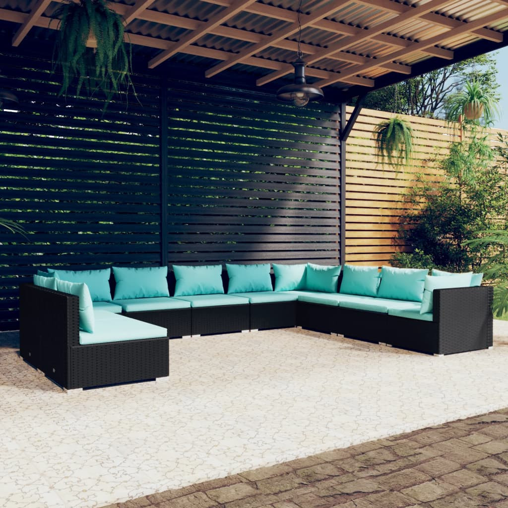 vidaXL 10-tlg. Garten-Lounge-Set mit Kissen Schwarz Poly Rattan