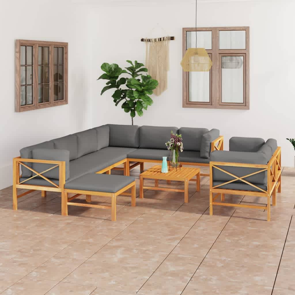 vidaXL 10-tlg. Garten-Lounge-Set mit Grauen Kissen Massivholz Teak