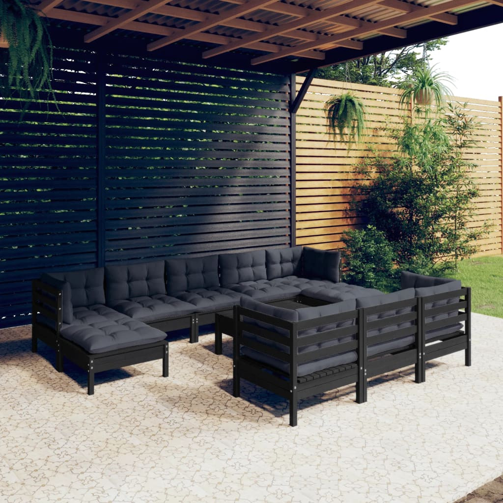 vidaXL 11-tlg. Garten-Lounge-Set mit Kissen Schwarz Kiefer Massivholz