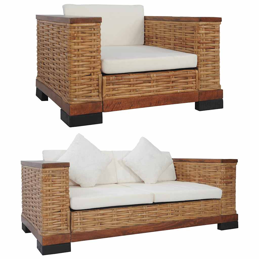 vidaXL 2-tlg. Sofagarnitur mit Auflagen Braun Natur Rattan