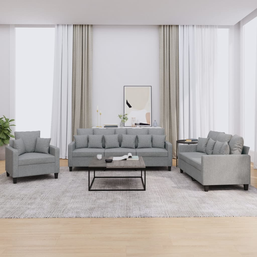 vidaXL 3-tlg. Sofagarnitur mit Kissen Hellgrau Stoff