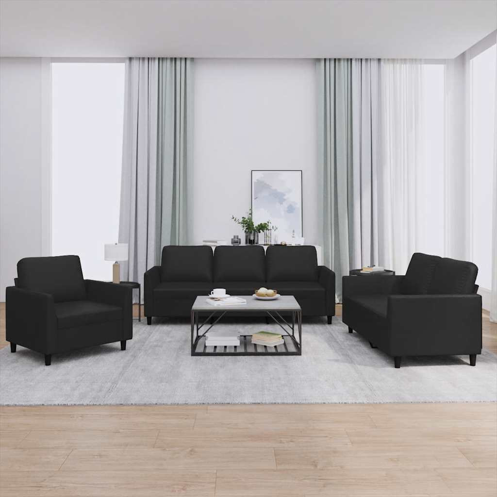 vidaXL 3-tlg. Sofagarnitur mit Kissen Schwarz Kunstleder