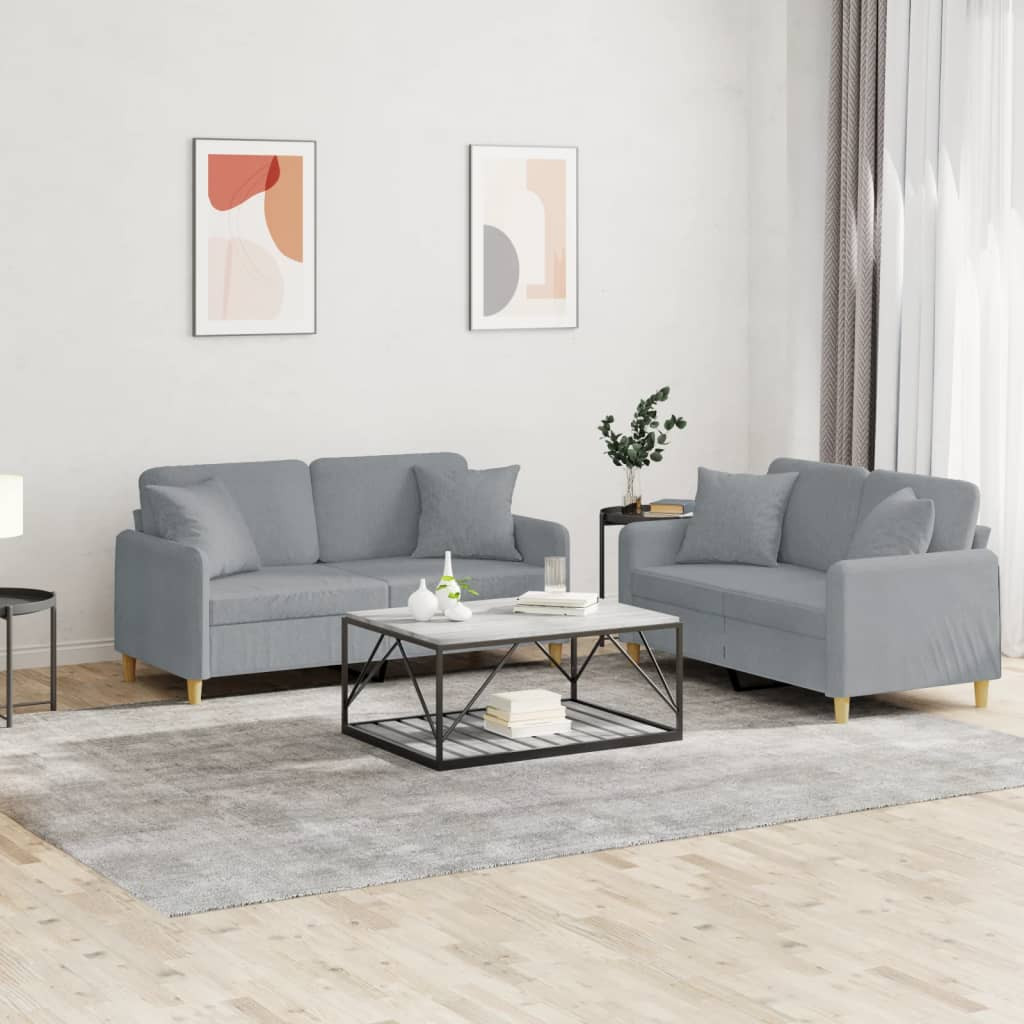 vidaXL 2-tlg. Sofagarnitur mit Kissen Hellgrau Stoff